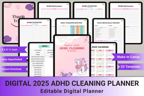 Digital 2025 ADHD Cleaning Planner – Editable & Customizable for a Tidy Home
